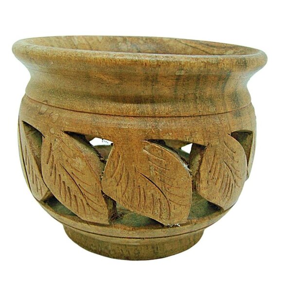 Handmade Hand Carved Wooden Bowl Trinket Dish Brown Round Shape Leaf Design 4x3 - Picture 1 of 11